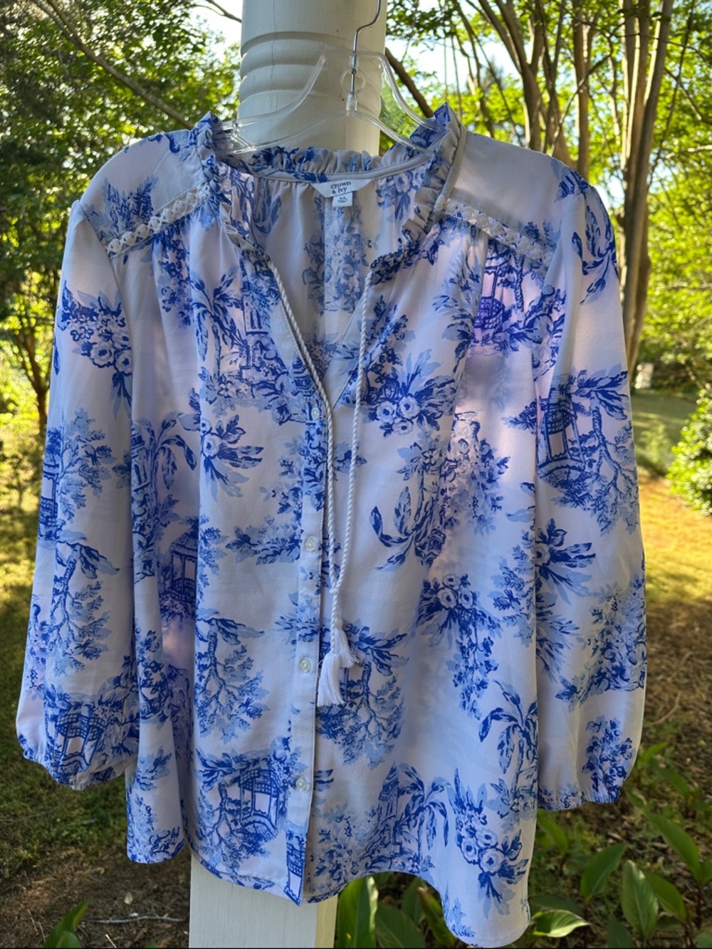 crown & ivy White Blouse with Blue Toile Print and Tassel Tie-Neck